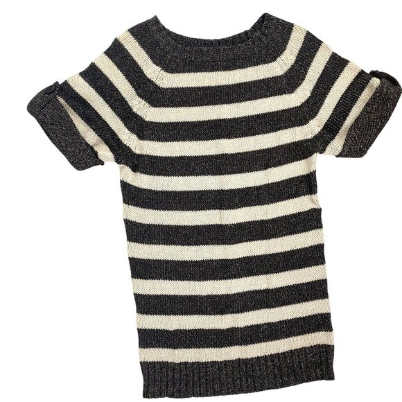 Ann Taylor XS Preppy Chic Striped Metallic Knit Shimmer Sweater Top Black Cream - Picture 1 of 10